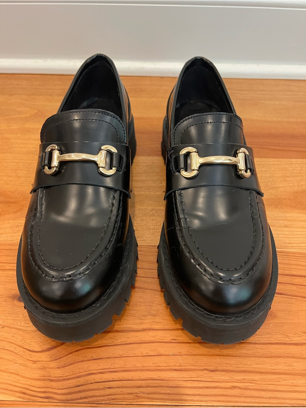 Steve Madden Lando Shoes Womens 8M Black Leather Chunky Lug Horsebit Loafers NEW - Picture 4 of 14